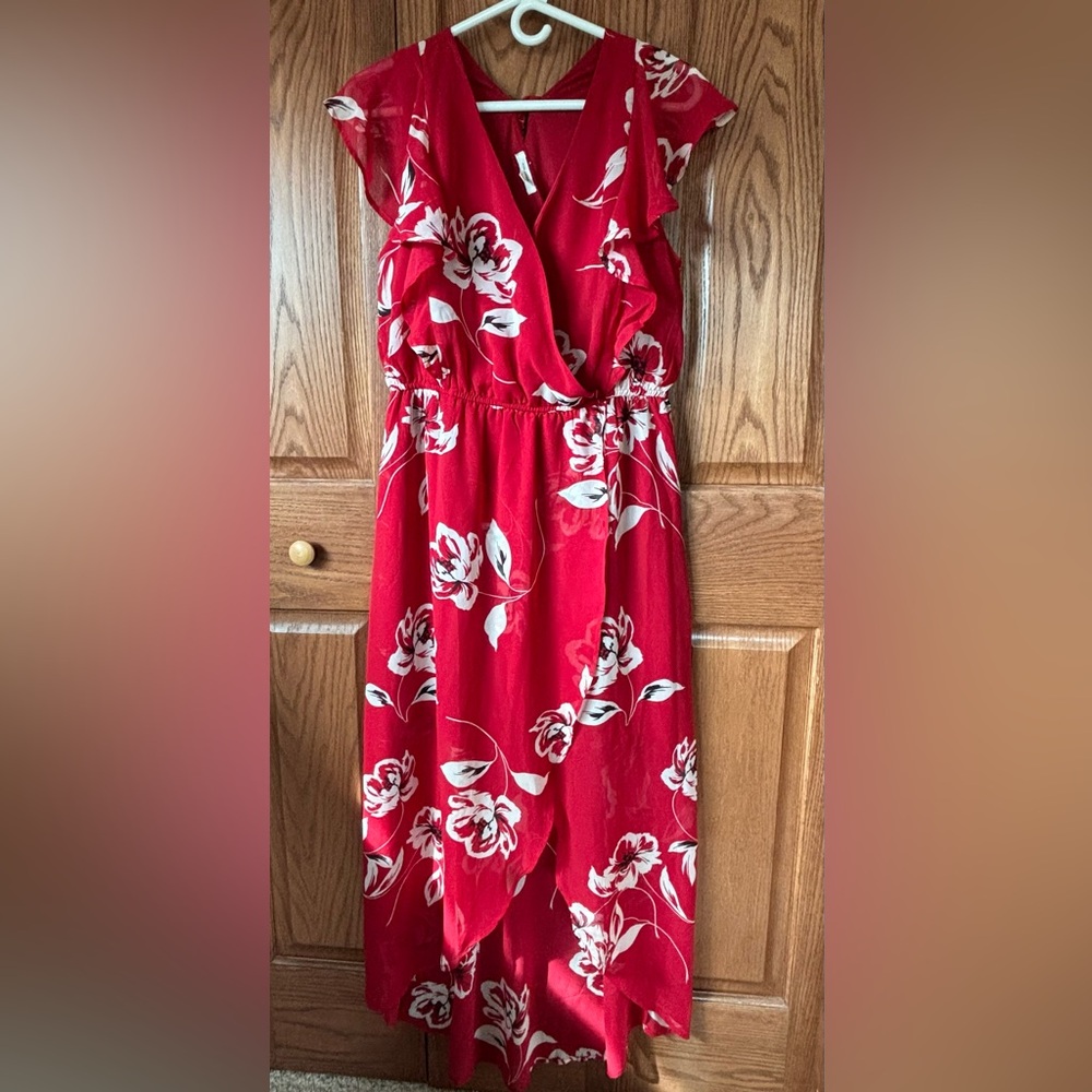 Red Floral Wrap-Style Women's Dress